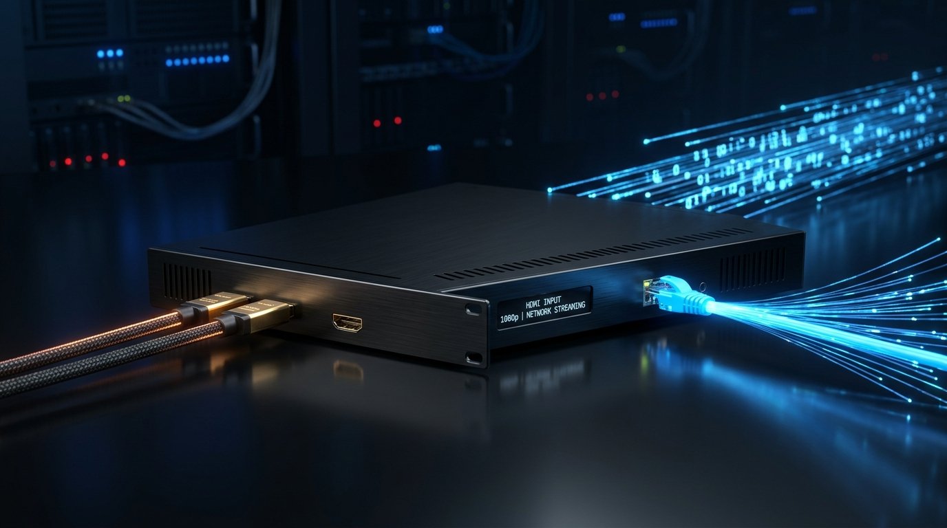 Black IPTV encoder device with HDMI inputs and glowing network cable, processing 1080p video streams.