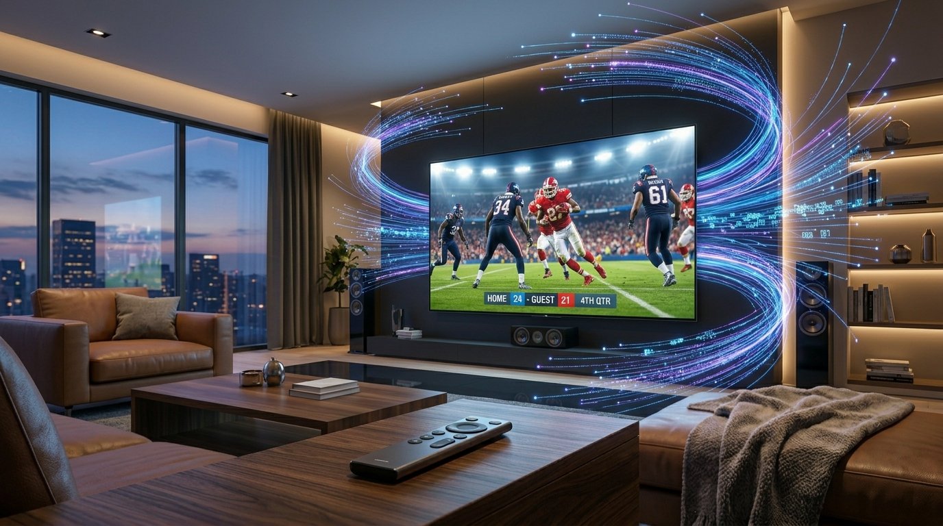 Modern living room streaming a live football game on a smart TV using a high-speed iptv service with glowing data lines.