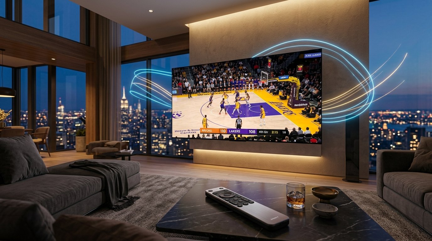 Large TV in a city apartment streaming a live basketball game via the top premium iptv in usa service.